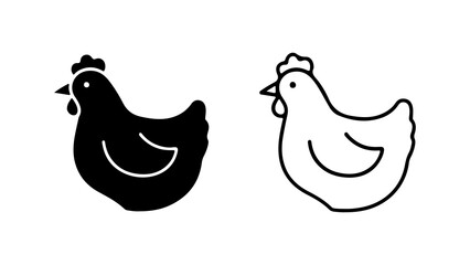 Chicken Silhouette and Outline Farm Animal Icon Set.