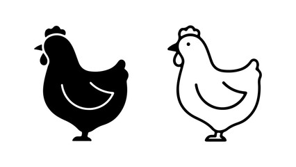 Chicken Silhouette and Outline Farm Animal Icon Set 1.