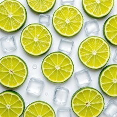 Fresh Lime Slices and Ice Cubes on a White Background