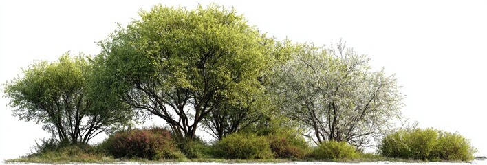 Group of trees and shrubs against a white background.  Variety of greens and light beige tones.  Dense foliage on several trees of varying heights and leaf color. 