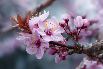 Obraz premium Cherry blossoms bloom in spring, showcasing delicate pink petals and vibrant details against a blurred backdrop of nature