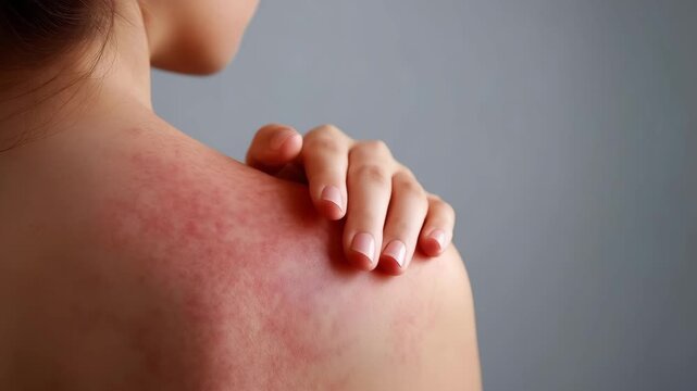 Close up of a person back with rash redness on the skin and hand touching it from behind. Redness and itching from allergies or sweat, Skin allergy concept	

