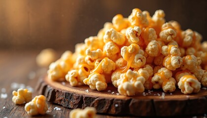 Pile of delicious caramel popcorn piled high on a wooden board. Crunchy, buttery sweet treat drizzled with golden caramel sauce. Perfect for movie nights, homemade snacks, or indulgent desserts.