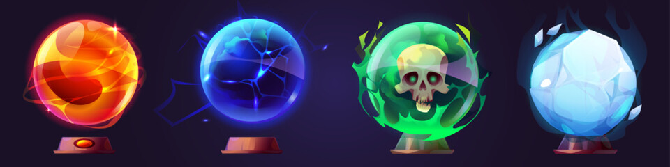 Magic crystal balls set isolated on background. Vector cartoon illustration of spooky fortunetelling spheres decorated with fire, lightning bolts, human skull, ice, fantasy witchcraft game assets