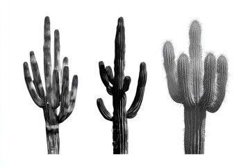 Three grayscale saguaro cacti isolated against white