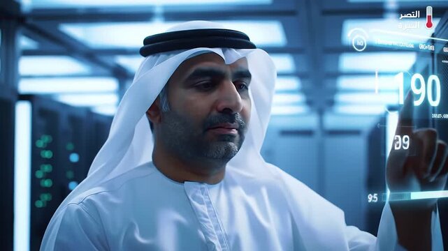 Portrait of Arab businessman in kandura interacting with virtual display screen futuristic vision of arab world power
