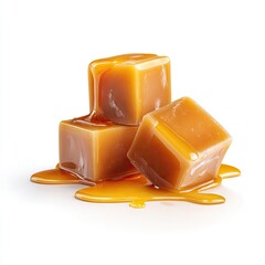 Three caramel squares, dripping with caramel sauce, on a white background
