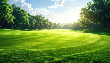 Obraz premium Sunny Green Golf Course Landscape with Bright Sky and Lush Trees on a Clear Day with Beautiful View and Sun Shining in the Distance