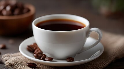 Obraz premium An aromatic cup of black coffee with coffee beans on a saucer, creating a cozy and peaceful atmosphere for a morning break