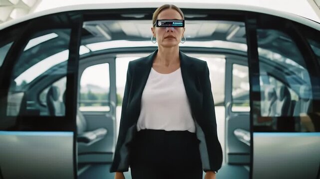 Businesswoman with smart glasses walking through futuristic train hallway modern corporate journey
