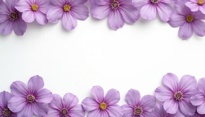 Obraz premium Floral frame with delicate purple flowers on a clean white background. Botanical, natural, springtime, blooming blossoms create fresh, elegant, romantic ornamental design for cards and invitations.