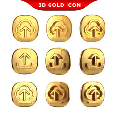 Creative 3D golden upload button icon. up arrow bottom symbol. Click here button. Save cloud export icon, push button, mobile application.