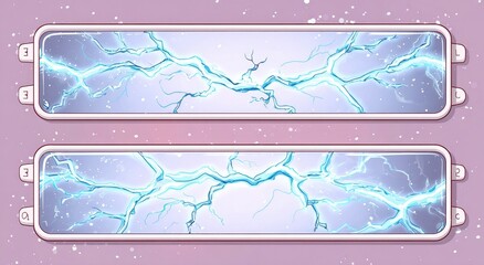Two horizontal banners featuring light blue lightning bolts.  Each banner is in a white frame, set against a light mauve background with subtle speckles of white