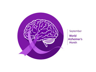 Flat vector design of a purple brain with awareness ribbon and text September World Alzheimer’s Month, perfect for health, medical, and Alzheimer awareness campaigns