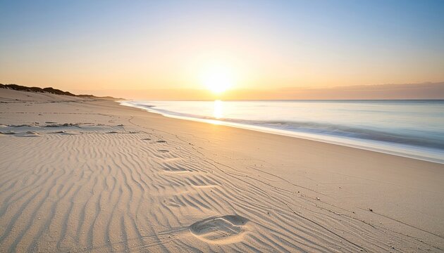 Sunrise Over Calm Ocean With Gulls Flying Low Over Sandy Beach - Powered by Adobe