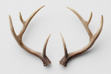 Obraz premium Two deer antlers, light brown, symmetrical, against a white background