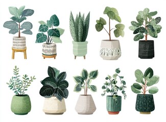 A collection of various potted houseplants, depicted in a flat design style.  Each plant is presented in a unique pot, showcasing different leaf shapes and textures.  
