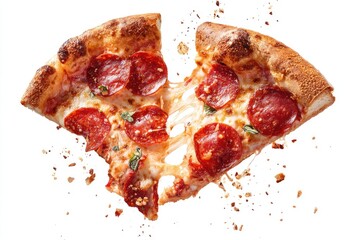 Two slices of pepperoni pizza, with melted cheese, are separated and appear to be flying, against a white background.  Crumbs and spices are scattered around them