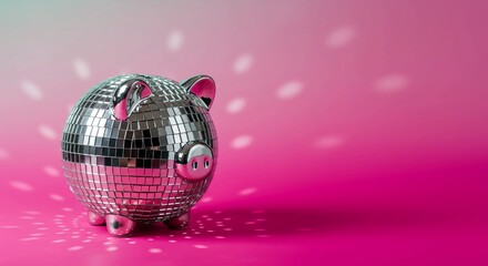 A shiny silver piggy bank shaped like a disco ball on a vibrant pink background with light reflections.