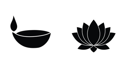 Simple black and white illustration of a diya lamp and lotus flower