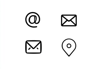 Four simple, black line icons representing contact methods.  Email symbols,  email envelope icons, and location pin