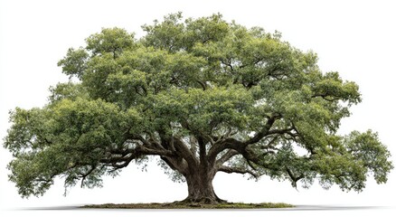 Large, mature oak tree against a plain white background.  Full, lush green foliage, substantial trunk and branches.  Isolated image