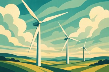 Fototapeta premium Wind turbines generating clean energy in green field under cloudy sky