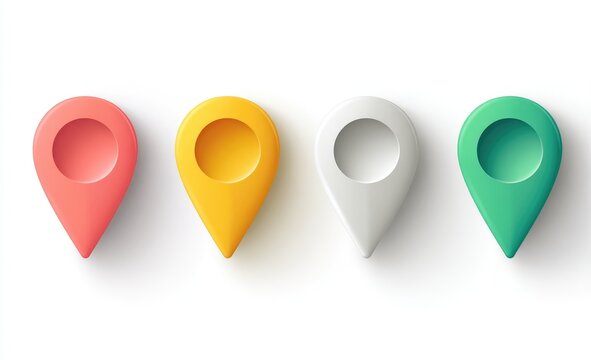 Four colorful map markers arranged in a horizontal row against a white background.  Each marker has a rounded, three-dimensional shape, and a circular cutout at the top.  