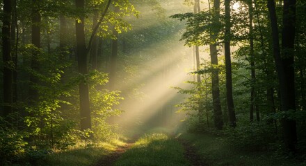 Sunbeams Illuminate Misty Forest Path