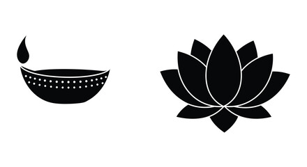 Simple black and white illustration of a diya lamp and lotus flower