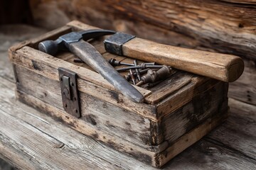 Vintage wooden toolbox with tools high resolution picture
