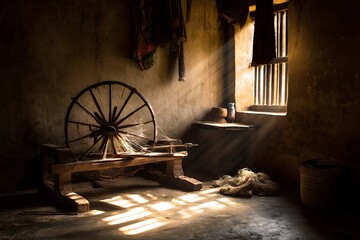 Vintage wooden yarn wheel in corner high resolution picture
