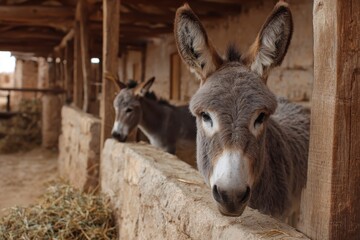 Donkeys at a rustic farm in a serene countryside setting during a sunny afternoon, showcasing their playful nature and interaction with the environment