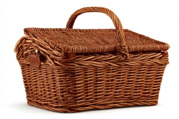 A light brown wicker picnic basket, closed, with a lid and handle
