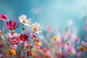 Fototapeta premium Colorful flower meadow filled with blooming petals under sunbeams on a clear blue sky during a bright spring day