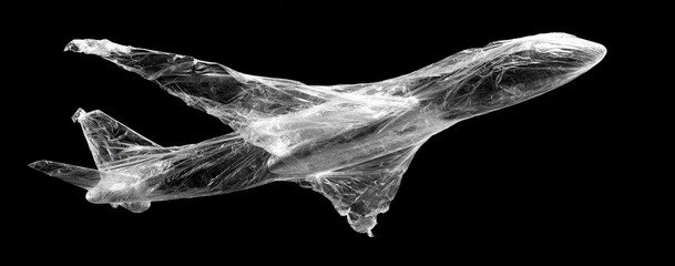Silhouette of an airplane, wrapped in a translucent, fine material