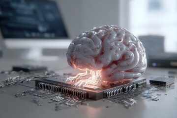 Exploring the fusion of human cognition and advanced technology through a realistic depiction of a brain connected to a microchip
