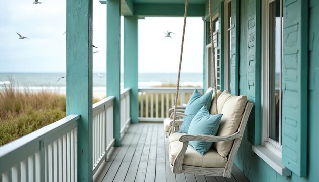 Turquoise beachfront home front porch features a comfortable swing chair with cushions. Distant ocean view with seagulls flying. Wooden exterior, craftsman style, residential exterior architecture. - Powered by Adobe
