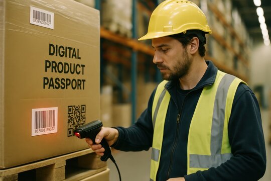 A warehouse worker scans a digital product passport barcode on a cardboard box for smart logistics and inventory tracking purposes.