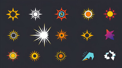 Set of geometric logos space explosion, dazzling flash. Modern bold brutalist objects and shapes of the sun and stars. Colorful minimalistic figures silhouettes. Contemporary design.