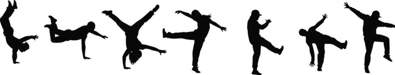 Silhouettes of Breakdancers in Action – Street Dance Poses, Hip Hop Freestyle, Urban Expression, Acrobatics, Motion, and Dynamic Movement