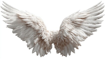 Pair of wide, white angel wings, detailed feather structure
