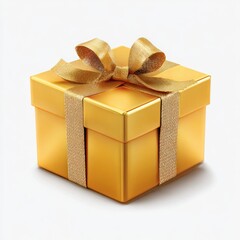 Gold gift box with a golden ribbon bow.  A square, shiny gold gift box, tied with a gold ribbon and bow, set against a plain white background