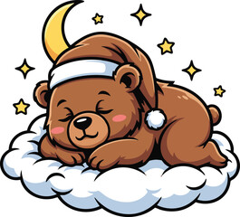 Cute Cartoon Bear Sleeping Peacefully on a Cloud with Moon and Stars