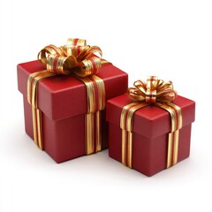 Obraz premium Two red gift boxes, one large and one small, are adorned with gold ribbons and bows, positioned against a white background