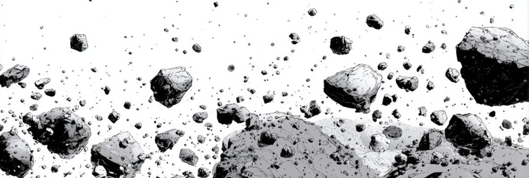 A grayscale image depicts numerous rocks and debris scattered across a white background, suggesting a cosmic explosion or asteroid field
