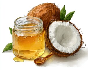 Two whole coconuts, one cracked open, next to a glass jar of golden liquid, possibly coconut oil or milk, with a wooden spoon