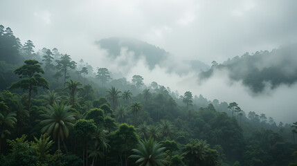 Rainforest landscape with trees and fog - theme conservation, climate change and renewable energy