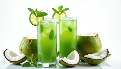 Two tall glasses filled with vibrant green coconut water, ice, mint, lime slices. Whole, sliced young coconuts surround drinks on clean white background. Refreshing tropical beverage perfect for
