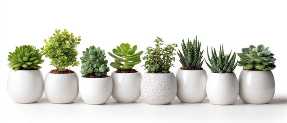 Obraz premium Row of small succulents and other greenery in white pots